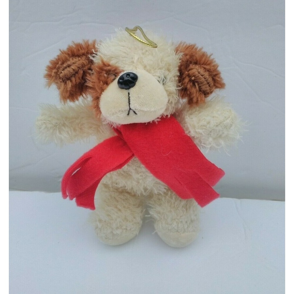 HugFun Beige Puppy Dog Plush Ornament Brown Ears Red Scarf 6 Inch Holiday Toy